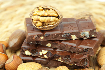 bar of chocolate and nuts on a wicker mat
