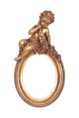 Oval baroque gold frame with cupid isolated on white.
