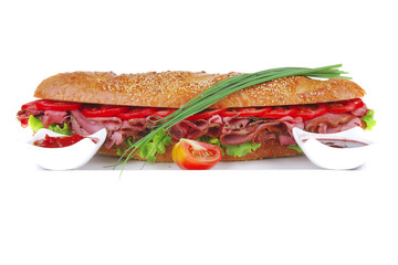 sandwich : french baguette with smoked sausage