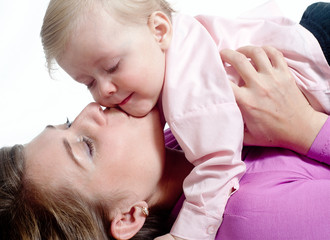 picture of happy mother with baby over white