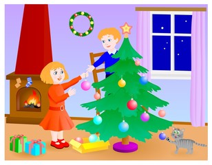 children preparing the christmas tree