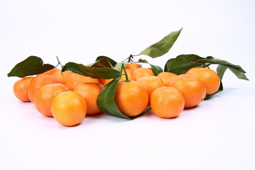 Mandarins, some with leaves, on white background