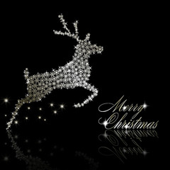 Silver Christmas  deer made of snowflakes with stars on black ba