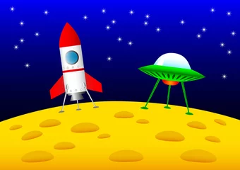 Fotobehang Kosmos Raket en UFO op de maan