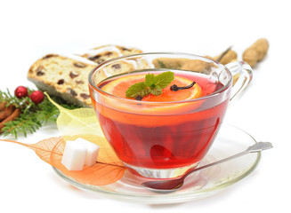 Hot winter tea with christmas cake