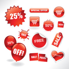 Set of red sale stickers, tags, buttons and icons