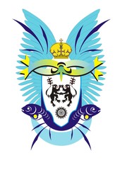Coat of arms with lions, fishes, crown and blue wings
