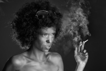 black & white angry girl with afro hair