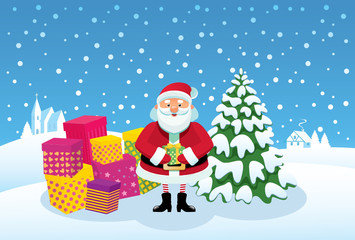 Cartoon Santa Claus with gifts