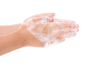 washing teenager hands isolated on white background