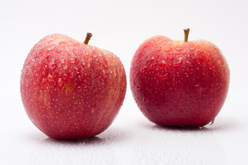 Äpfel mit Wassertropfen vor weissem Hintergrund