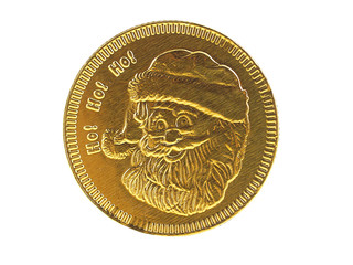 gold coin with santa's face isolated on white background