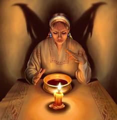 Witch casting spells, shady demonic wings behind her