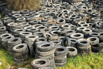 Old used tires dumped in a meadow