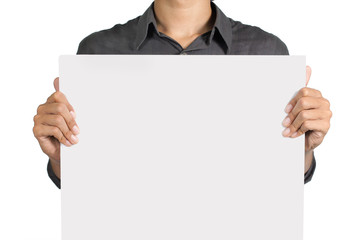 man holding blank white board for advertisement