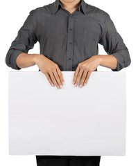 man holding blank white board for advertisement