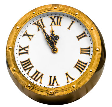 Old vintage  brass or bronze clock displaying five minutes befor