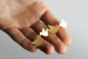 human holding little paper cutout birds, nature protect concept