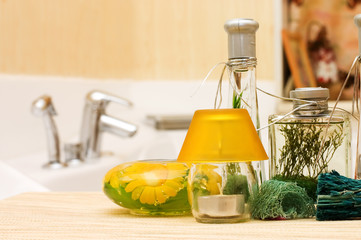 Assortment spa accessories,candle,sponge