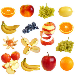 Fruits and berries isolated on white background. Collage