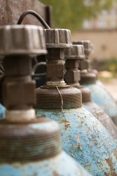 Close-up of blue gas cylinders