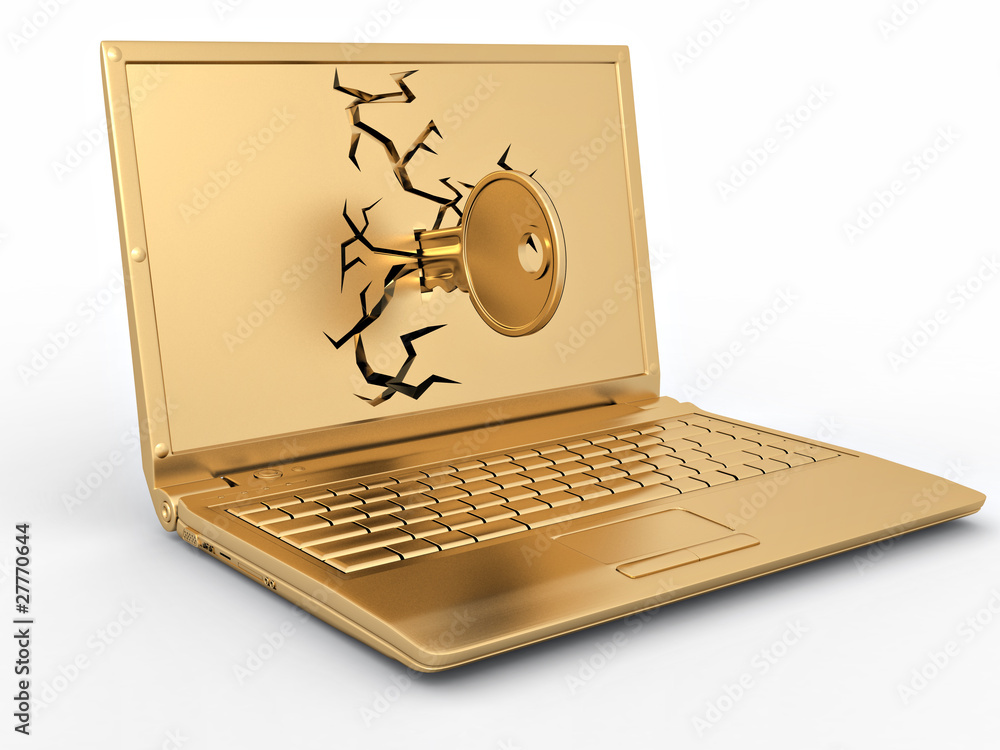 Poster password hacked. key in laptop on white isolated background