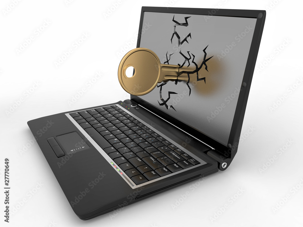 Poster password hacked. key in laptop on white isolated background