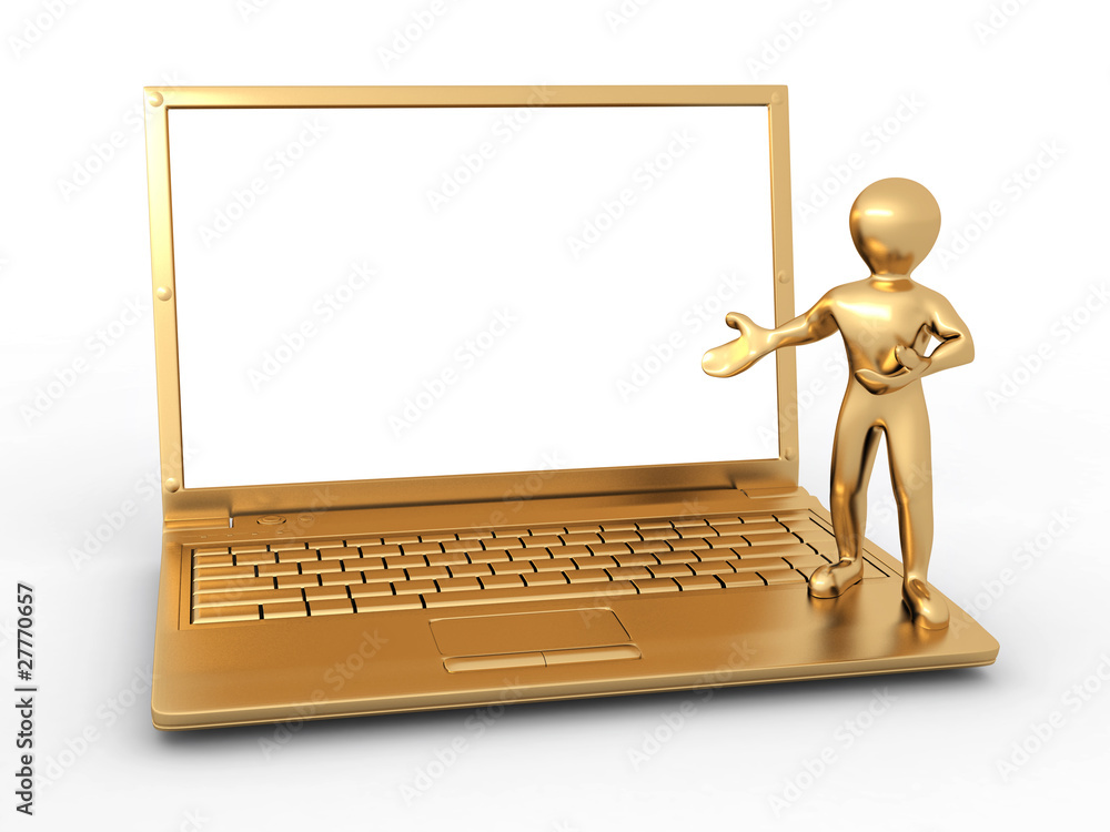 Poster man with laptop on white isolated background