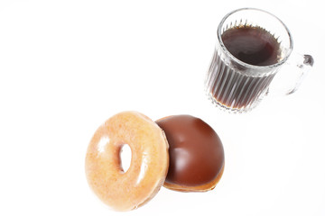 Coffee and donuts on a white background