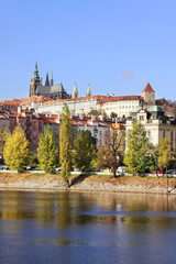 View on the autumn Prague gothic Castle above River Vltava