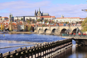 Fototapeta na wymiar View on the autumn Prague gothic Castle with the Charles Bridge