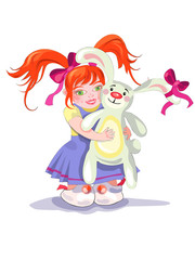 A postcard with little girl and rabbit toy.