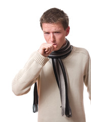 young ill man with scarf coughing isolated over white background