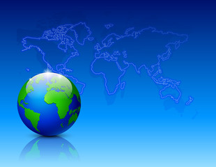 Neon world map with globe. Vector illustration