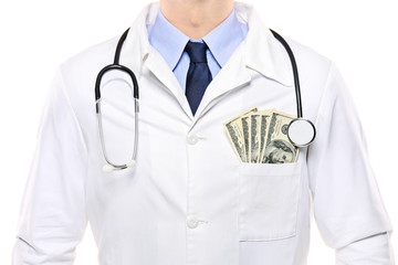 A portrait of a doctor with  US dollars in his pocket