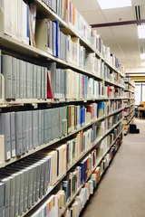 Fotobehang Rijen grijze boeken in de bibliotheek © Sylvie Bouchard