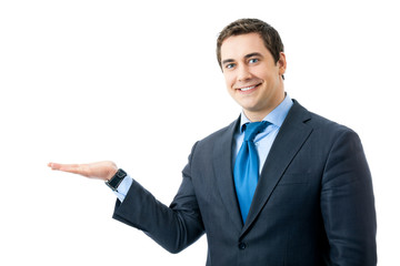 Portrait of happy smiling businessman showing, isolated