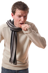 young ill man with scarf coughing isolated over white background