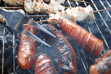 sausage and meat on grill