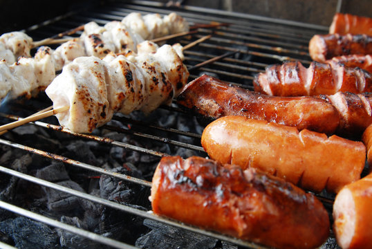 sausage and meat on grill