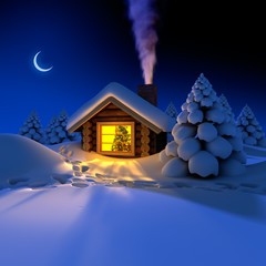 A small cottage in the fairy forest in snowy New Year's Eve