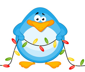 Vector cartoon little penguin with garland