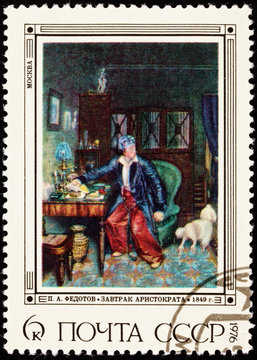 Canceled Soviet Russia Postage Stamp Pavel Fedotov Man Study Dog