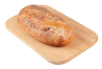 Bread loaf on a wooden chopping board isolated on white