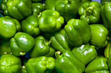 Fototapeta na wymiar Poivrons verts sur l'étalage d'un supermarché (fruits et légumes