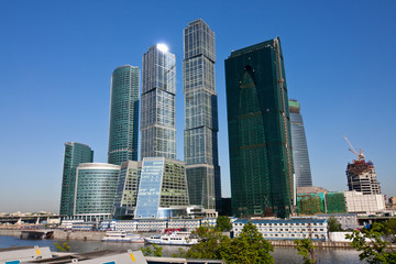 Fototapeta na wymiar Skyscrapers of Moscow city under blue sky