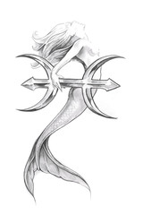 Tattoo art, sketch of a mermaid, pisces