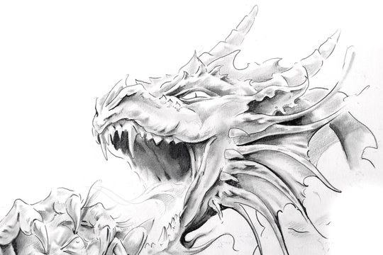 Tattoo art, sketch of a medieval dragon