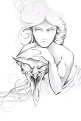 Tattoo art, sketch of a woman with mask