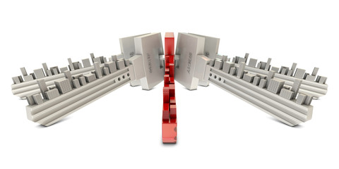Red and white keys with buildings